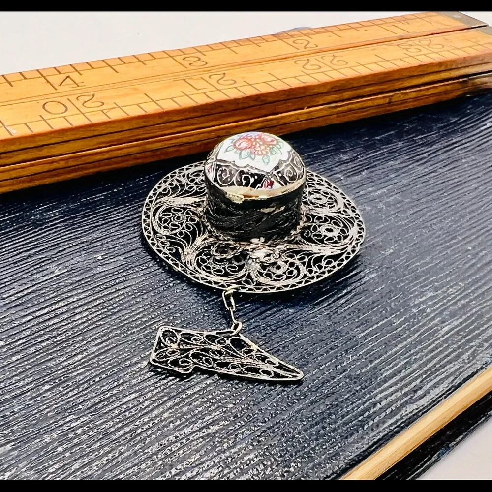 Vintage silver filigree brooch pin hat shoe dangle hand painted mid century